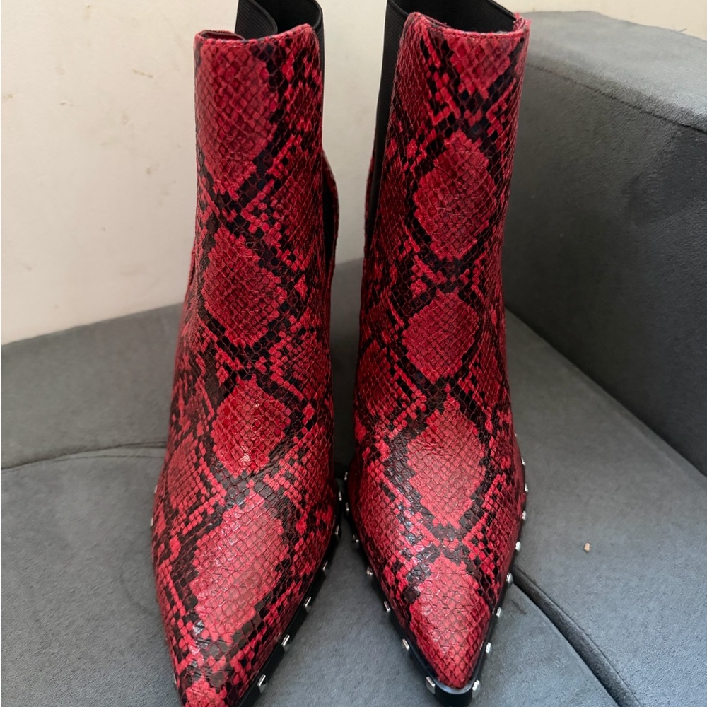 Red Snake-Print Block Heel Ankle Boot with Stud Detail size 9.5 women’s - Picture 3 of 5
